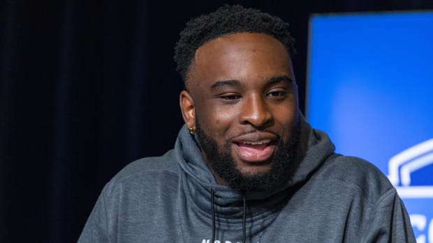 Mar 1, 2023; Indianapolis, IN, USA; Kansas State defensive lineman Felix Anudike Uzomah (DL22) speaks to the press at the NFL Combine at Lucas Oil Stadium. Mandatory Credit: Trevor Ruszkowski-USA TODAY Sports